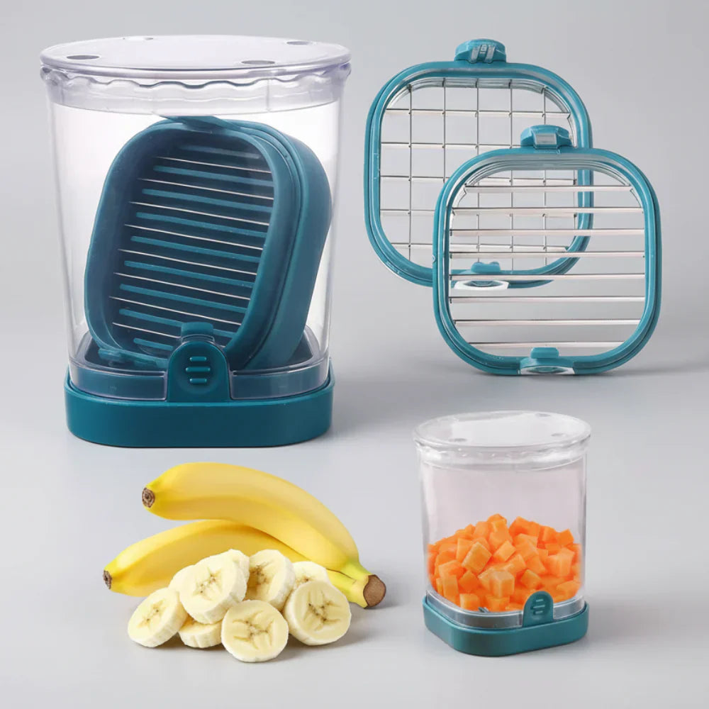 Fruit Slicer with Collection Container and Interchangeable Stainless Steel Blades