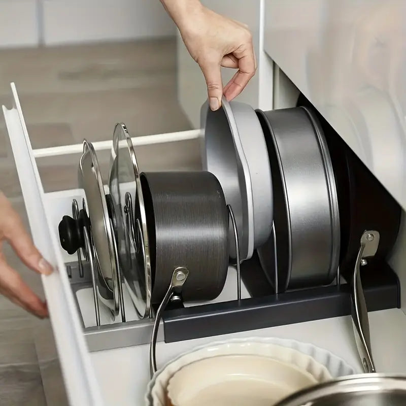 Adjustable Pan and Lid Organizer Rack for Kitchen Cabinet Storage