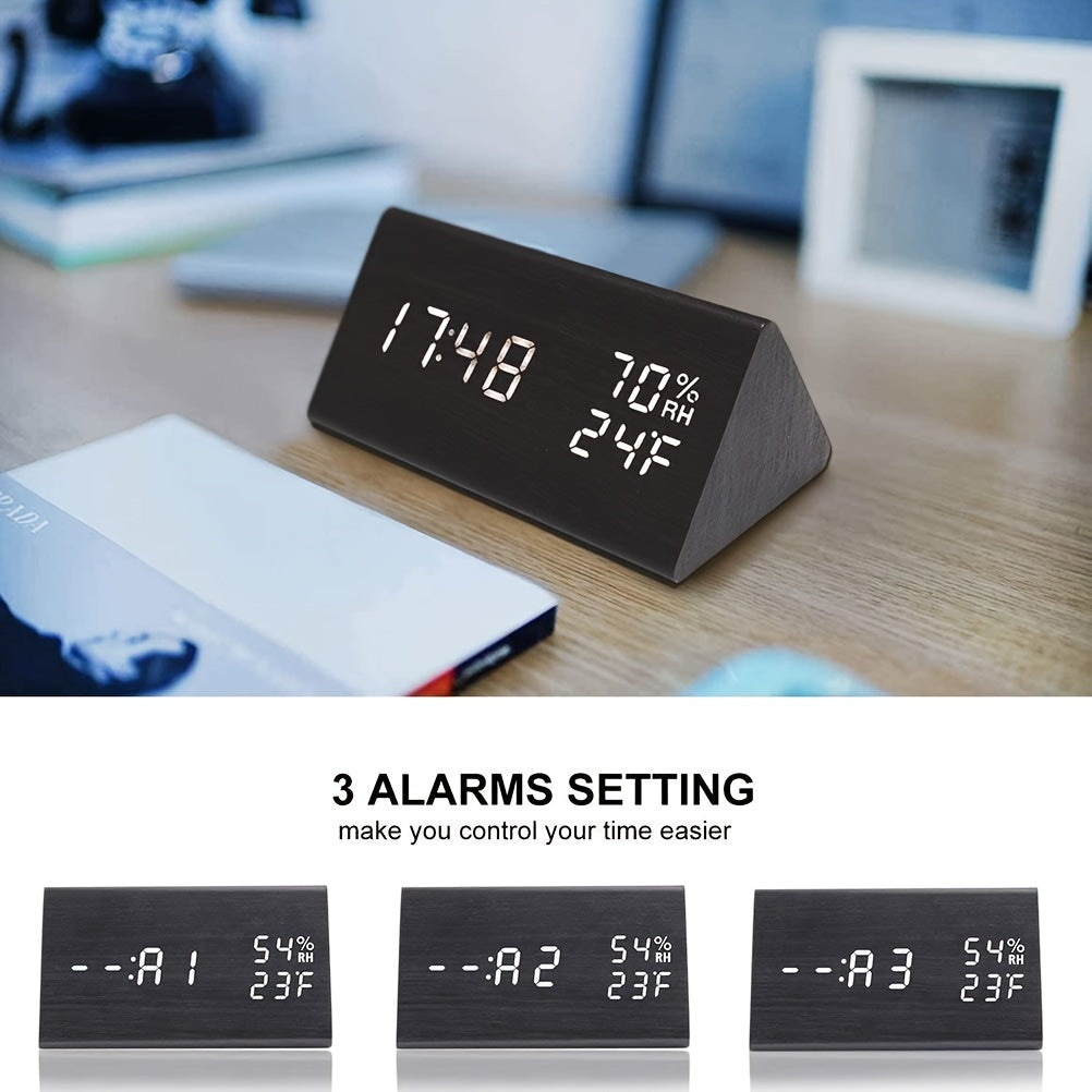 Wooden LED Digital Alarm Clock with Temperature and Humidity Display
