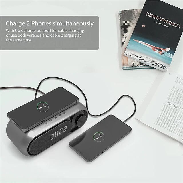 Bluetooth Speaker with Wireless Charger and LED Alarm Clock