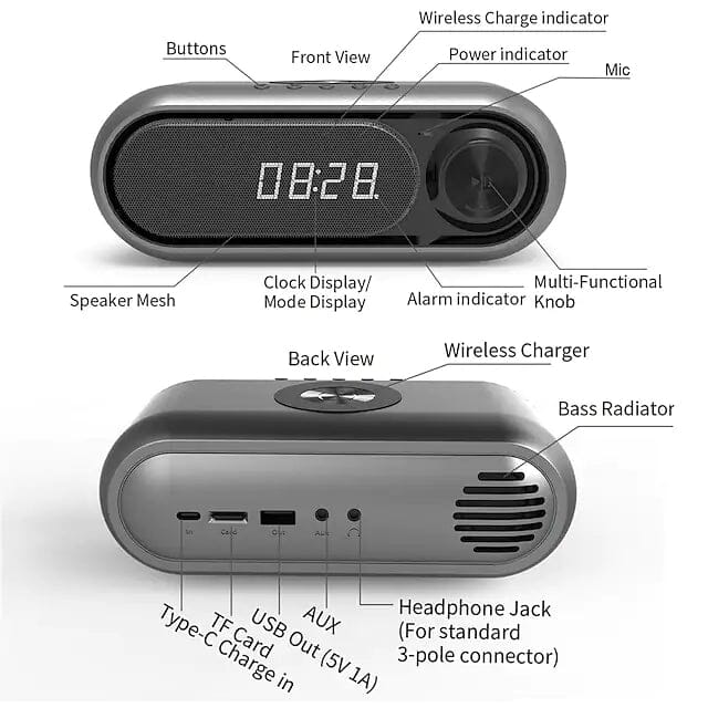 Bluetooth Speaker with Wireless Charger and LED Alarm Clock