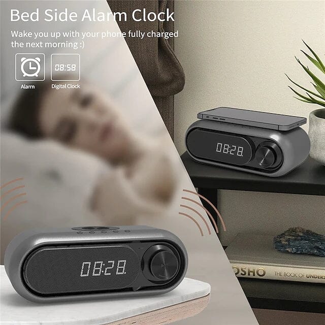 Bluetooth Speaker with Wireless Charger and LED Alarm Clock