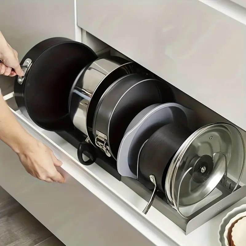 Adjustable Pan and Lid Organizer Rack for Kitchen Cabinet Storage