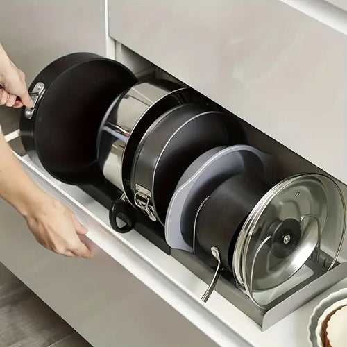 Adjustable Pan and Lid Organizer Rack for Kitchen Cabinet Storage