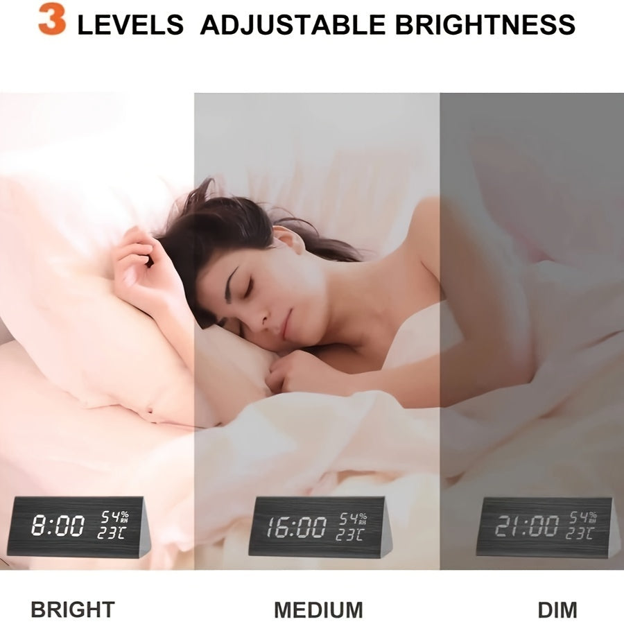 Wooden LED Digital Alarm Clock with Temperature and Humidity Display
